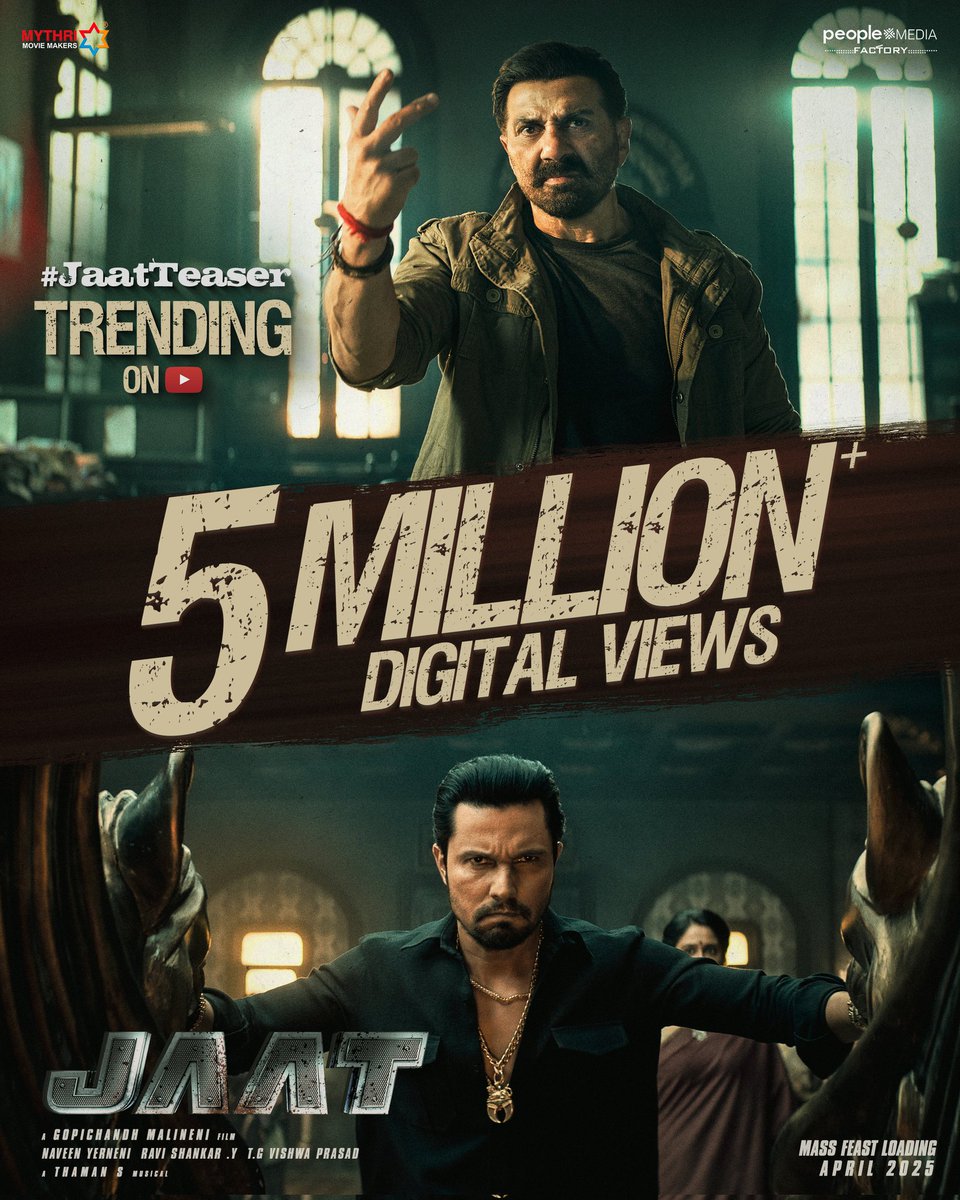 MythriOfficial's tweet photo. A fierce face-off and a Mass Showdown 💥💥

#JaatTeaser is Trending on YouTube with 5 MILLION+ Digital Views ❤️‍🔥
▶️https://t.co/8dECt1sF3d

MASS FEAST loading 💥
#JAAT in cinemas April 2025 🔥

Starring Action Superstar @iamsunnydeol
Directed by @megopichand 
Produced by @MythriOfficial & @peoplemediafcy 
A @MusicThaman Mass Beat 

@RandeepHooda @vineetkumar_s @ReginaCassandra #SaiyamiKher @RishiPunjabi5 @artkolla @NavinNooli @MaxMediaSai @AdityaChembolu