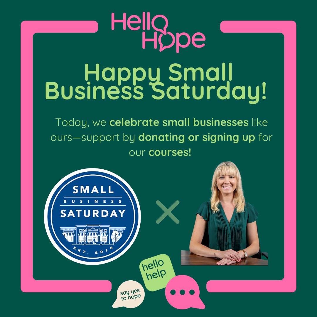 HelloHope (@hellohopeuk) on Twitter photo Happy Small Business Saturday!
 
A reminder to #supportlocal - can you help support our lifesaving work? 
🩷Book a place on a course
💚Book training for your company
🤍Get a ticket to our upcoming Christmas do
💖 Make a donation 
 
#SmallBusiness #SmallBusinessSaturday #SBS Happy Small Business Saturday!
 
A reminder to #supportlocal - can you help support our lifesaving work? 
🩷Book a place on a course
💚Book training for your company
🤍Get a ticket to our upcoming Christmas do
💖 Make a donation 
 
#SmallBusiness #SmallBusinessSaturday #SBS
