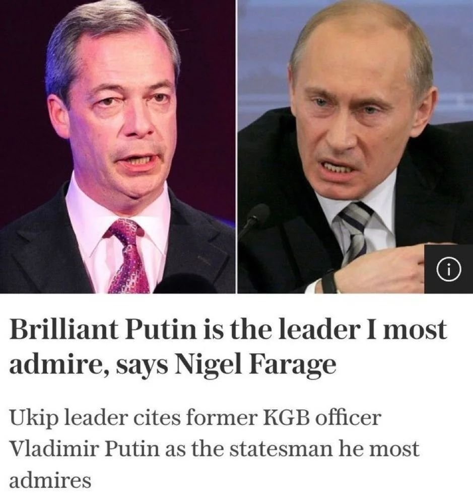 Putin failed to defeat Ukraine, failed to prop up Assad, failed to subvert democracy in Romania &amp; Georgia

Yet he is the leader that Farage admires most

#FarageRiots #Quisling