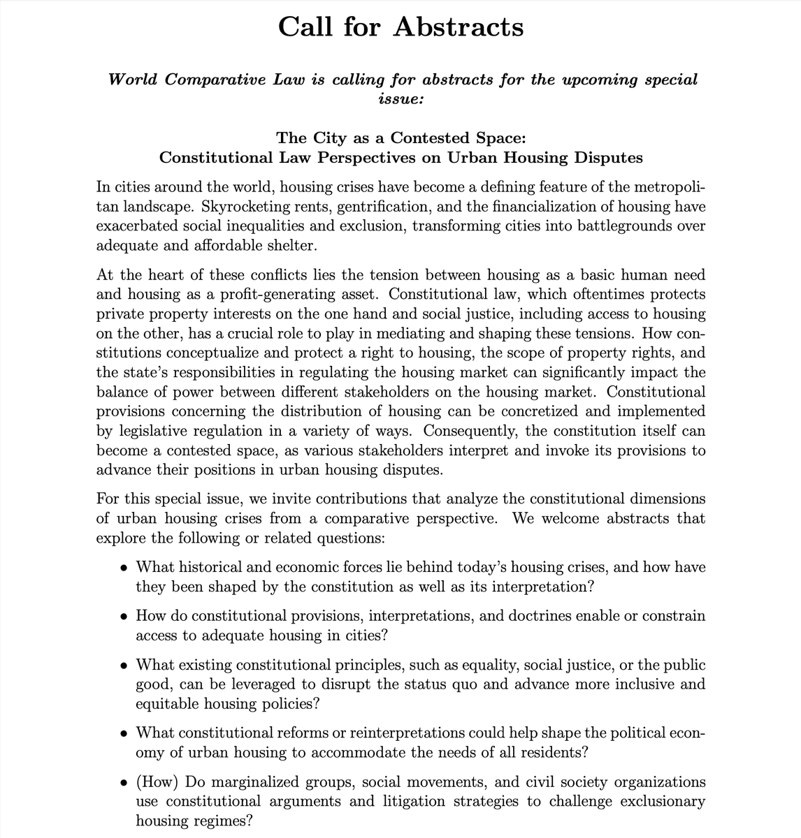 💡Call for Abstracts:

For our special Issue "The City as a Contested Space"

⚙️We invite contributions that analyze the constitutional dimensions of urban housing crises from a comparative perspective!

Deadline: March 15 2025 | More information➡️voelkerrechtsblog.org/calls-for-pape…