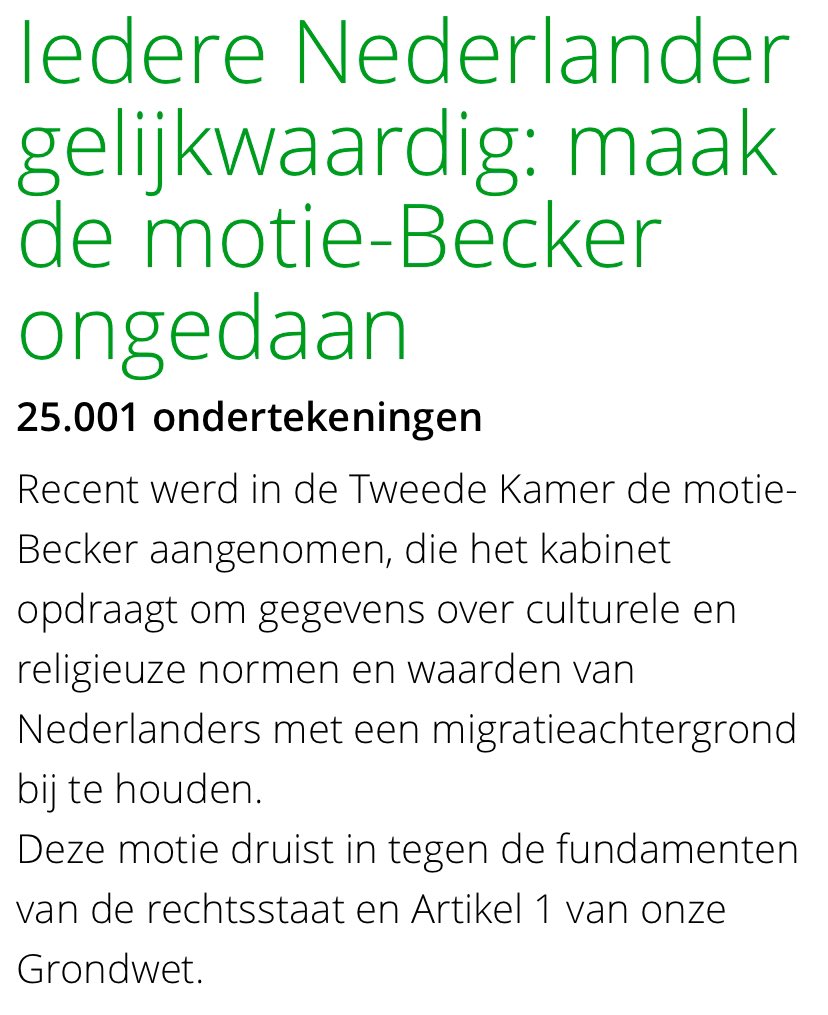 Al 25.000 mensen tekenden de petitie om de discriminerende motie-Becker ongedaan te maken. 5.000 mensen tekenden in de afgelopen drie uur! 🔥

Dit is geweldig nieuws. Maar we willen gehoord worden en daarom is het volgende doel: 40.000!

Doe je mee? ✊🏼
petities.nl/petitions/iede…