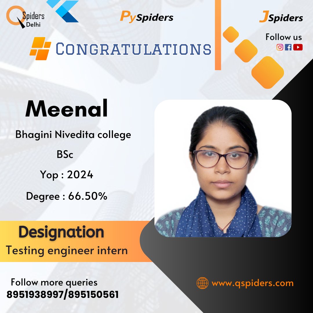 Qspiders_Delhi's tweet image. 🌟 &quot;Celebrating Meenal&apos;s first professional milestone! 🎉 QSpiders Delhi, you’ve got a star! 🌟💻

#TestingEngineer #QSpidersDelhi #InternshipSuccess #CareerMilestone #HardWorkPaysOff #SuccessJourney #FutureEngineer #DreamBig #TestingLife #InternshipGoals #TechWorld #ProudMoment