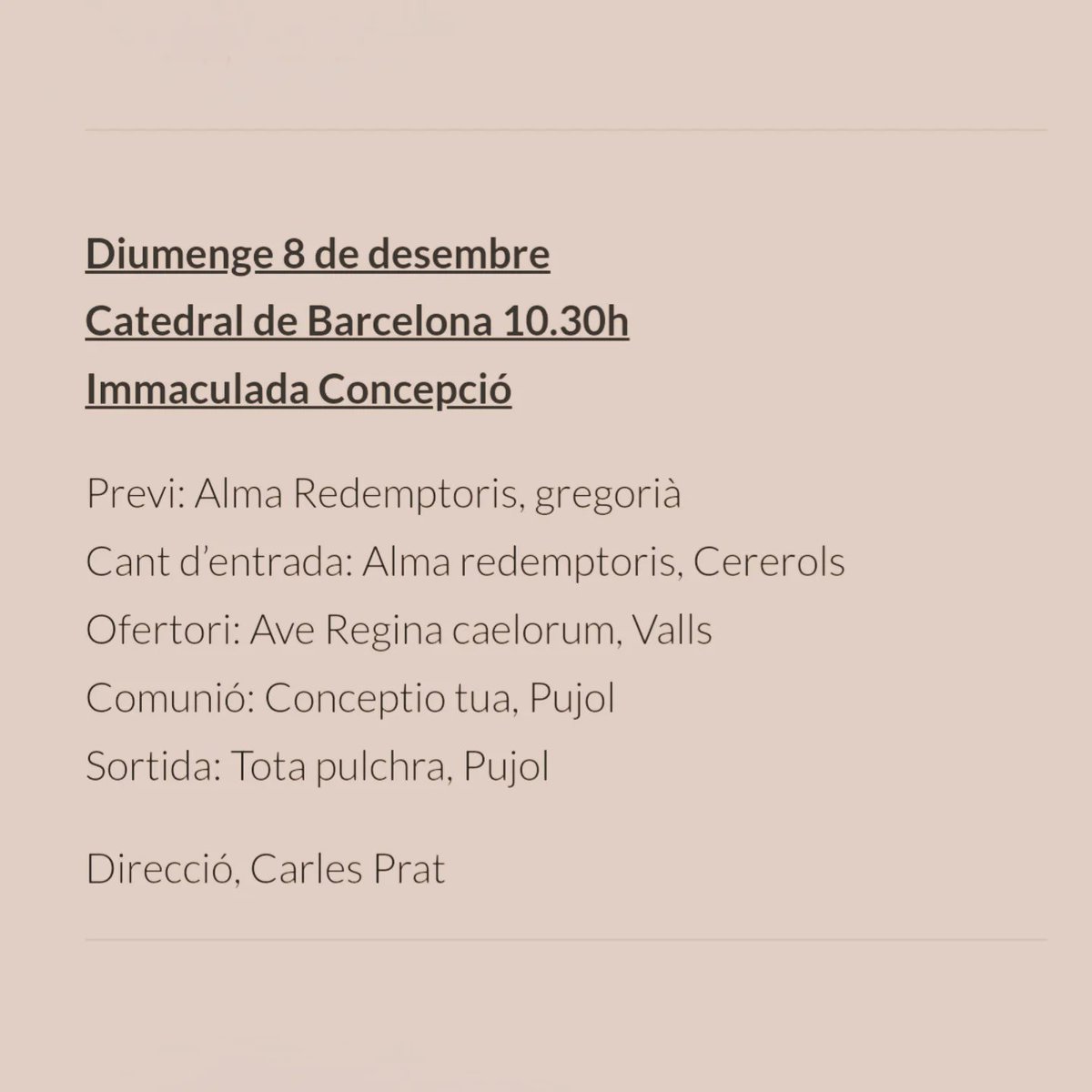 Cor Francesc Valls (@corcatedralbcn) on Twitter photo Immaculada Concepció, demà diumenge 8 de desembre. Motets de Cererols. Prat. Busto, Pujol, Valls
Sagrada Família 9h
Catedral de Barcelona 10.30h
Direcció: Carles Prat
Orgue: Juan de la Rubia
<a href="/catedralbcn/">Catedral de Barcelona</a> <a href="/sagradafamilia/">La Sagrada Família</a>
<a href="/CarlesPrat4/">Carles Prat Vives</a> <a href="/JDELARUBIA/">Juan de la Rubia</a>
<a href="/SalesQueralt/">Queralt NO SURRENDER</a> Immaculada Concepció, demà diumenge 8 de desembre. Motets de Cererols. Prat. Busto, Pujol, Valls
Sagrada Família 9h
Catedral de Barcelona 10.30h
Direcció: Carles Prat
Orgue: Juan de la Rubia
<a href="/catedralbcn/">Catedral de Barcelona</a> <a href="/sagradafamilia/">La Sagrada Família</a>
<a href="/CarlesPrat4/">Carles Prat Vives</a> <a href="/JDELARUBIA/">Juan de la Rubia</a>
<a href="/SalesQueralt/">Queralt NO SURRENDER</a>