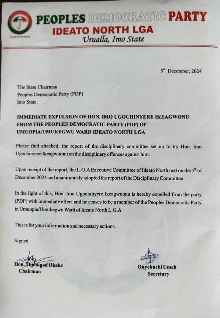 PO_GrassRootM's tweet photo. JUST IN: PDP expels Ikenga Ugochinyere over gross indiscipline, insubordination, and anti-party activities. https://t.co/yUkLMThdLO