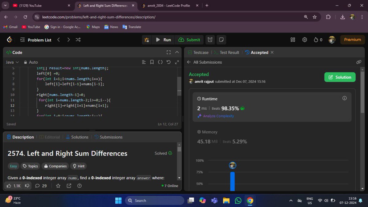 amrit_xrajput's tweet photo. π#day33/365β‘οΈ
β
Solved 2 LeetCode problems today!
1.Left and Right Sum Differences
https://t.co/Y1Jy94yCiS with the Greatest Number of Candies π¬
#LeetCode #Coding #buildinpublic #LearnInPublic #CodingCommunity #365DaysCode https://t.co/XFV3vC4uMp