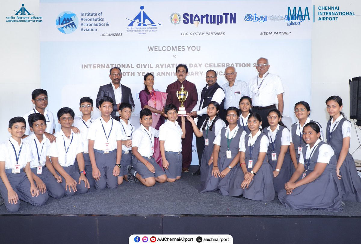 aaichnairport's tweet photo. AAI, Chennai Airport, in collaboration with the Institute of Aeronautics Astronautics and Aviation, StartupTN @TheStartupTN, and Hindu Tamil Thisai @TamilTheHindu, proudly celebrated the 80th Anniversary of #ICAO and #InternationalCivilAviationDay 2024. The event highlighted India's growing prominence in the global #aviation landscape while embracing the future through initiatives that foster innovation and progress.

The celebration featured the launch of the #Aerospace Startup Forum by Sh. C.V. Deepak, Airport Director, aimed at nurturing entrepreneurship within the aerospace sector. Awards were presented to recognise outstanding achievements and inspire a passion for aviation among young minds.

A spectacular #drone showcase, featuring cutting-edge technology, offered a glimpse into the future of aviation, reflecting India’s growing role in shaping the global industry. These efforts underscore #ChennaiAirport's commitment to driving excellence and innovation within #Indian aviation.

#SafeSkiesSustainableFuture #StartupTN #TamilNaduInnovation #AviationDay2024  #TN4Startups #Startups #AAIAirports #civilaviationday #AAI #Aviation #CivilAviation #SkiesUnited #ConnectingTheWorld #FlyFromMAA #SafeSkies #SustainableFuture #IndianAviation #InternationalCivilAviationDay2024

@MoCA_GoI | @AAI_Official | @pibchennai