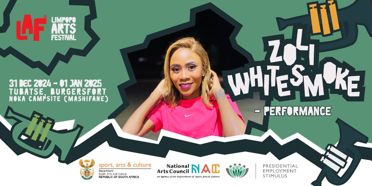 Thobela! 🌟

Meet Zoliwhite Smoke, Afro Pop star from Botlokwa Mphakane near Polokwane! Known for her heartfelt hit "Usishiyile uMama" and collabs with KrusherSA &amp; Smeazy On The Beat, she’s ready to light up the Limpopo Arts Festival stage!

Tickets? Link in bio!
