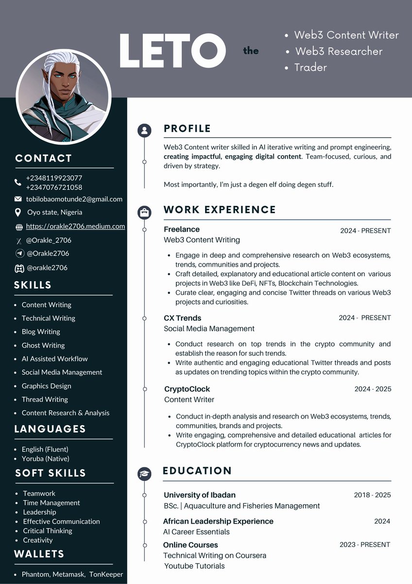 Orakle_2706's tweet photo. Let's test the power of the Web3 community.

I'm looking for work as a Web3 Content Writer or Project Ambassador. 

📌Experienced.

📌Resume ready, fluent in English.

📌Remote.

📌Open to pay negotiation ( $SOL, $BTC, $ETH , $USD) 

If you can, RT and share :)
DM for POW. https://t.co/KRNTlkMZgK