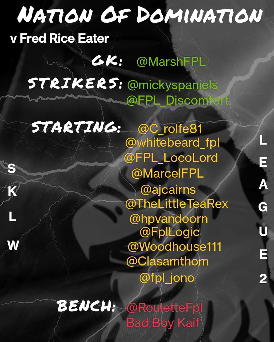 The Nation Of Domination (@dominatefpl) on Twitter photo We've had some decent results lately, apart from last week, but we're still second from bottom in <a href="/OfficialSKLW/">Strikers Keepers Losers Weepers</a> League 2!
We play <a href="/donkim30/">Yoga Can't Do Yoga</a> and his Fred Rice Eater this week and here's the line-up!
Let's go!!!!
#fpl We've had some decent results lately, apart from last week, but we're still second from bottom in <a href="/OfficialSKLW/">Strikers Keepers Losers Weepers</a> League 2!
We play <a href="/donkim30/">Yoga Can't Do Yoga</a> and his Fred Rice Eater this week and here's the line-up!
Let's go!!!!
#fpl
