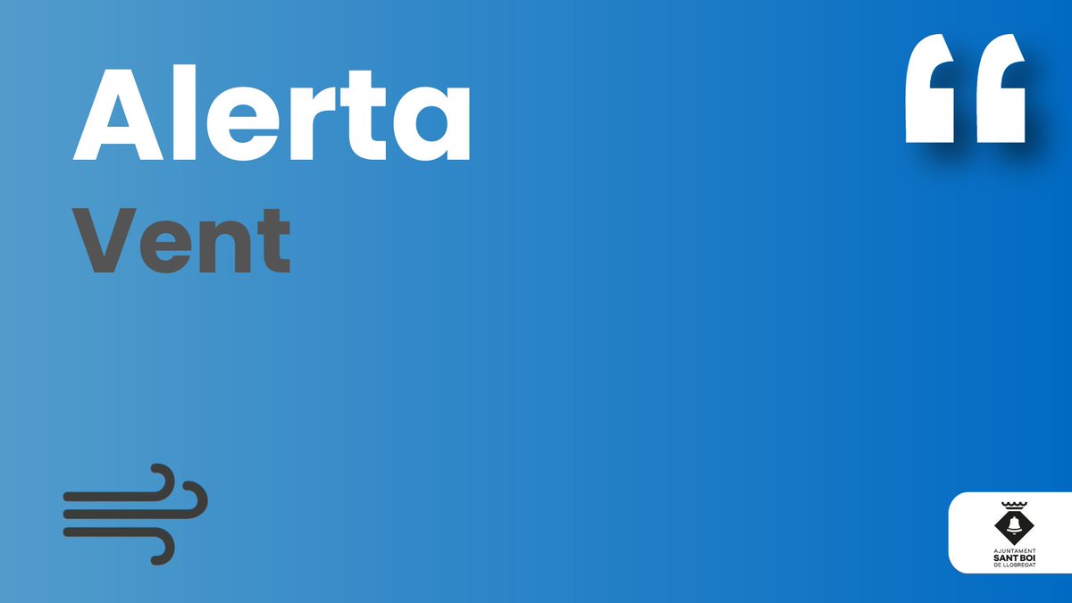 Activada a Sant Boi l' #alerta per la previsió de #ventsforts a partir de les 13 hores. Els parcs s'han tancat de manera preventiva. Seguiu les recomanacions a casa, a l'exterior i si s'ha d'agafar el cotxe.
👉 santboi.cat/vent 
#avís #vent #santboi