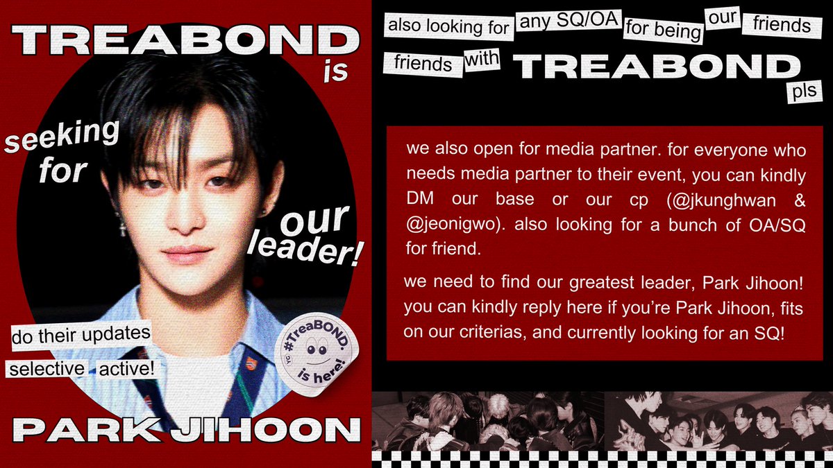 Thank you for the attention, folks. Here we are, TREABOND, setting our eyes on eight missing members that we want to fill the vacant slot, loyal to your muse and active is A+. Also, we are searching for another SQ to make a friend with us. Come forth! A repost would be regarded.