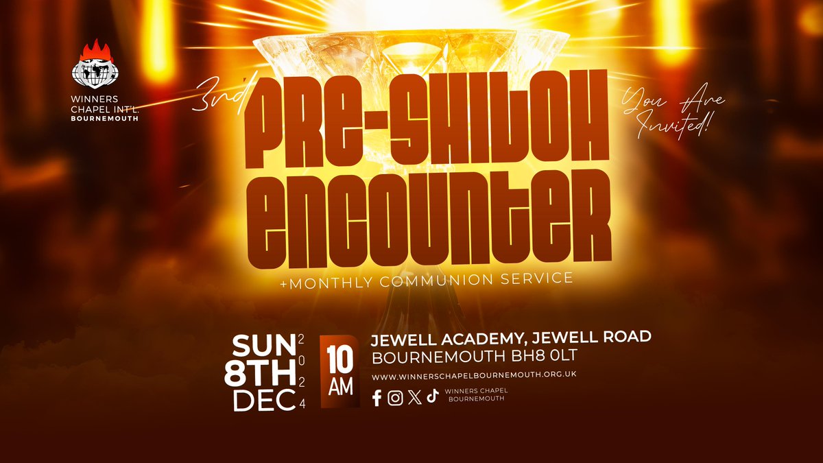Wcibournemouth's tweet photo. Join us this Sunday @ WCI Bournemouth for our 3rd Pre-shiloh Encounter Service and Anointing Service.
Get set for diverse encounters as we enter the Shiloh week
Bring a buddy with you
Details on the flier
#wcibournemouth #sundayservice #winnersworld https://t.co/cbyeI1veyt
