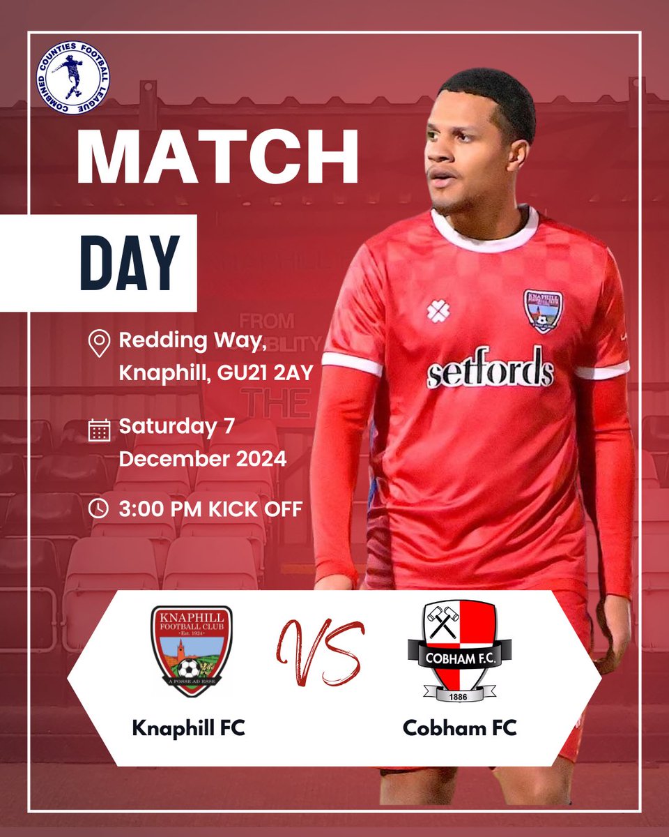 Game On!

Lots of games were cancelled today, but Redding Way has pulled through!

Come down for your Saturday football fix!

Knaphill FC 🆚 <a href="/Cobham_FC/">COBHAM FC</a> 

📅 Saturday, 7 December 2024
⏰ Kick-Off: 3:00 PM
🏆 <a href="/ComCoFL/">Combined Counties Football League</a> Premier South
📍 Redding Way, Knaphill, GU21 2AY

🔥 7th vs 4th