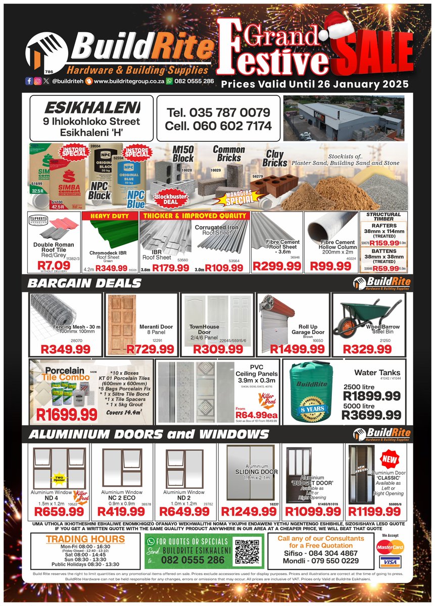 BuildriteH's tweet photo. Build Rite Hardware Grand Festive Sale is now on at Esikhaleni... Are you ready for these Crazy prices and many more Amazing deals!!!π·
#esikhaleni #kwazulunatal #richardsbay #eThekwini #kwazulunatal #buildrite #buildritehardware #hardware #hardwarestore #affordable #dream https://t.co/3k2roF2SfC