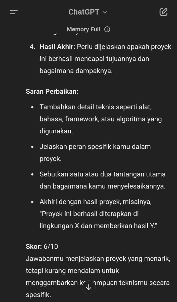 prkdlx's tweet photo. ChatGPT ternyata bisa dipake buat latihan interview kerja sekaligus review jawaban kita. Barusan aku cobain &amp; dapet nilai 6/10 dong 😅

Buat freshgrad sih ini lumayan bgt buat latihan. Aku share prompt nya di bawah ya, silahkan tinggalkan jejak dulu ~ https://t.co/PikujyiKln