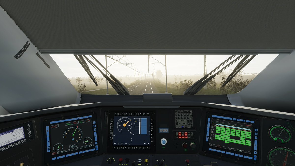 NerdSignalman's tweet photo. Low winter sun with haze at 200km/h, good job this thing has got ETCS as I can't see a damn thing looking out the window! #SimRail EIP 1323 https://t.co/O1RIckdTux