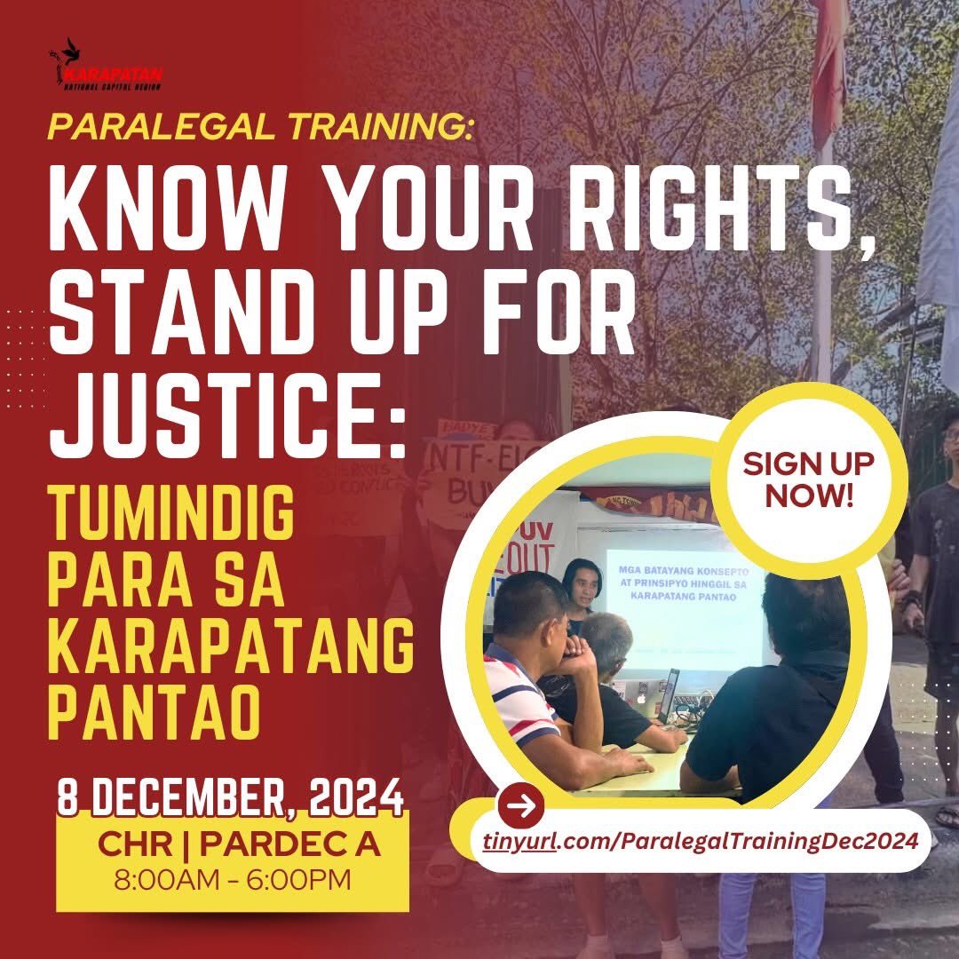 Takits bukas! Pag-aralan natin ang ating mga karapatan, tumindig para sa karapatang pantao!

Commission on Human Rights, Pardec A
8:00 AM - 6:00 PM 

Sign up here: tinyurl.com/ParalegalTrain…
