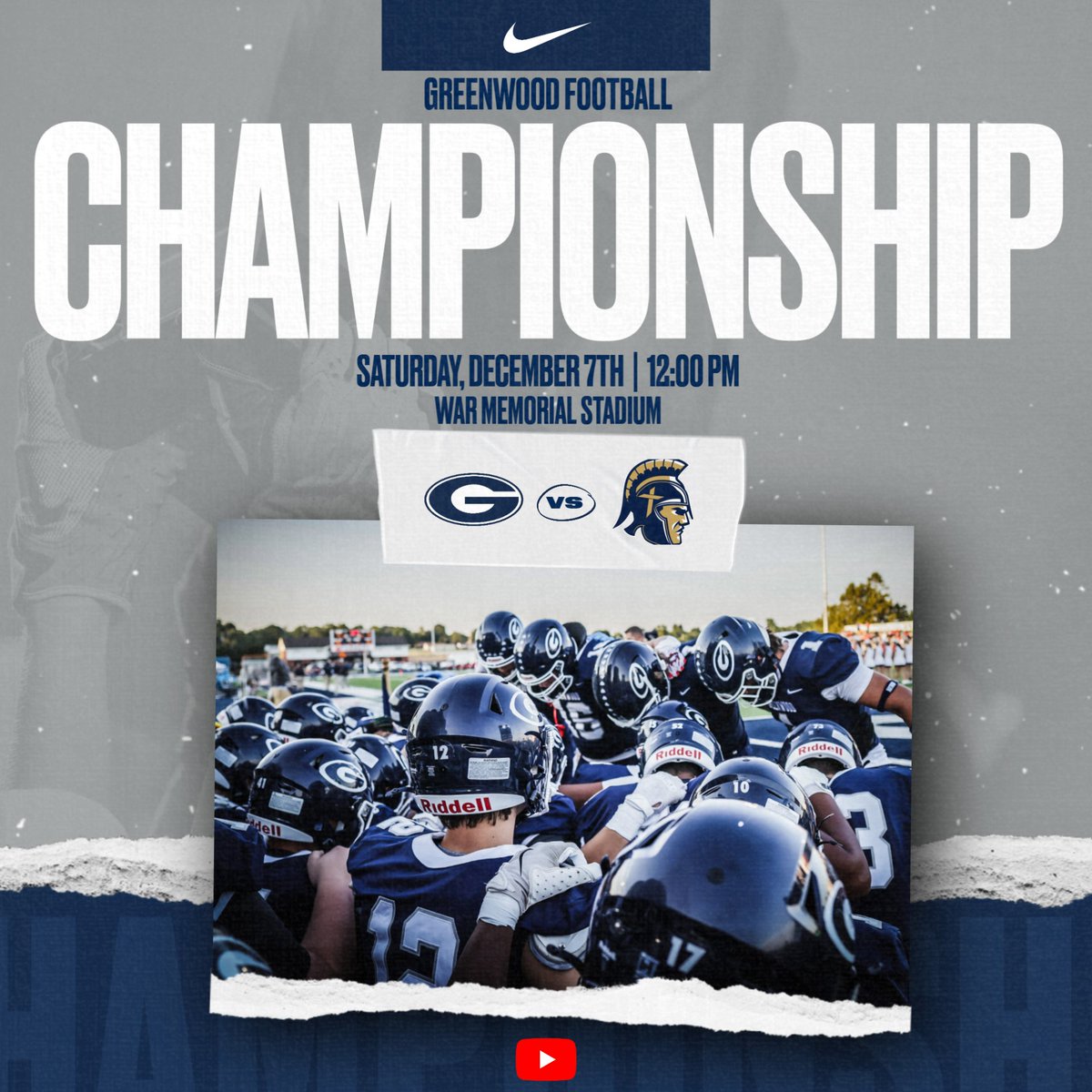 GWDAthletics's tweet photo. 6A CHAMPIONSHIP🏈
🆚 Shiloh Christian
⌚ 12:00 PM
📍 War Memorial Stadium
📺 AR PBS
🎫 https://t.co/Dg2g60l64v
#GreenwoodStrong | #ForIke https://t.co/VNaeme76GL