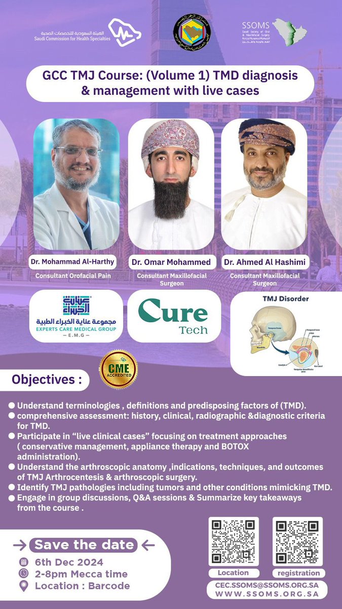 SaudiSocietyOMS's tweet photo. GCC TMJ Course: (Volume 1) TMD diagnosis &amp; management with live cases

Dr. Mohammad Al-Harthy
Dr. Omar Mohammed
Dr. Ahmed Al Hashimi https://t.co/8IKqg0Wo0h