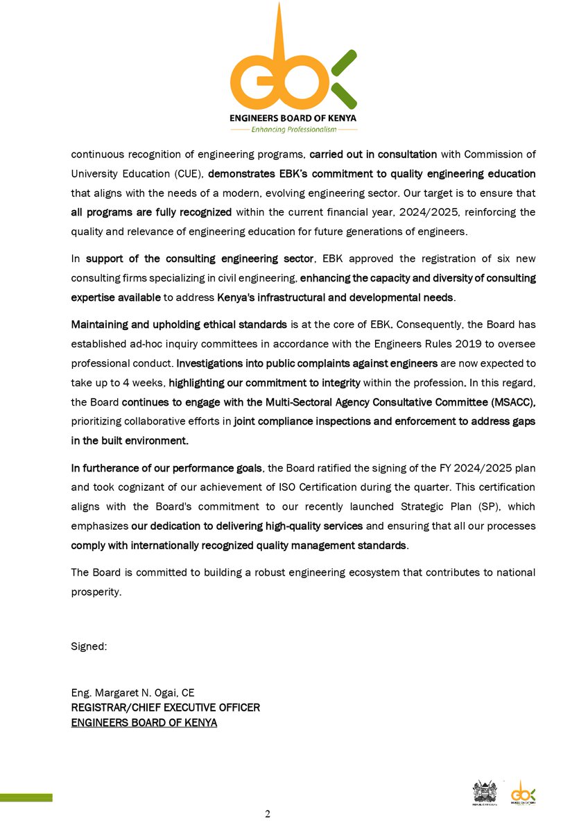 EngineersBoard's tweet photo. Professional Development: The @EngineersBoard is pleased to share key updates from the 196th Ordinary Board Meeting.

Stay informed about our contributions to engineering education, professional registration, and global recognition.
 
 #EngineeringStandsardsKe #WashingtonAccord #ProfessionalGrowth

@TransportKE @Roads_KE
@EngEKMwongera
@Eng_MaggieOgai
@TheIEK @ACEK1968
@citizentvkenya @KBCChannel1
@NationMediaGrp @K24Tv @Tv47Newske
