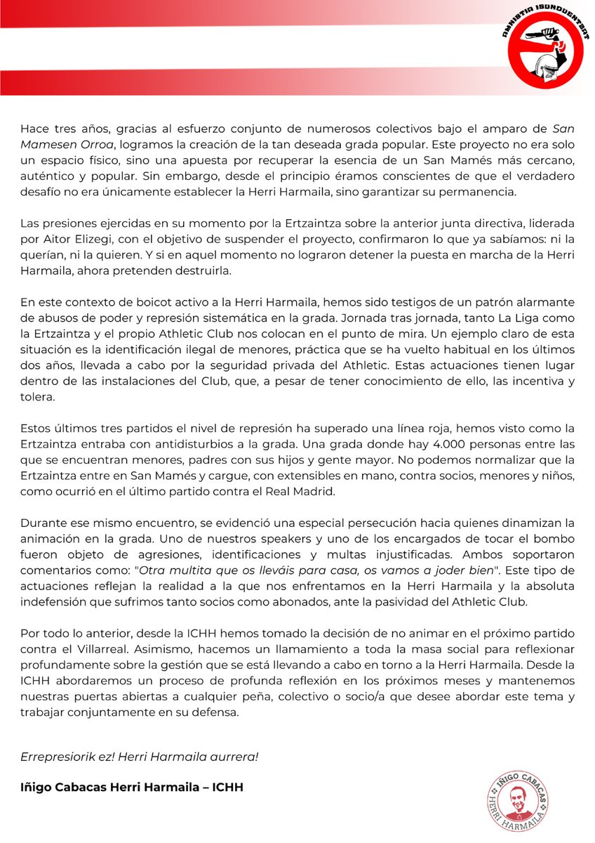 ICHHarmaila's tweet photo. ICHHren adierazpena.
Comunicado de ICHH.

Errepresiorik ez! Herri Harmaila aurrera! https://t.co/amfcFlUamZ