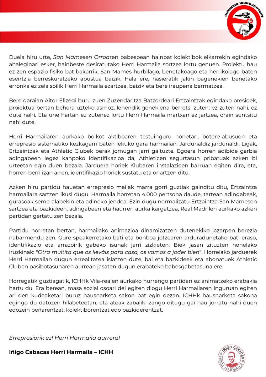 ICHHarmaila's tweet photo. ICHHren adierazpena.
Comunicado de ICHH.

Errepresiorik ez! Herri Harmaila aurrera! https://t.co/amfcFlUamZ