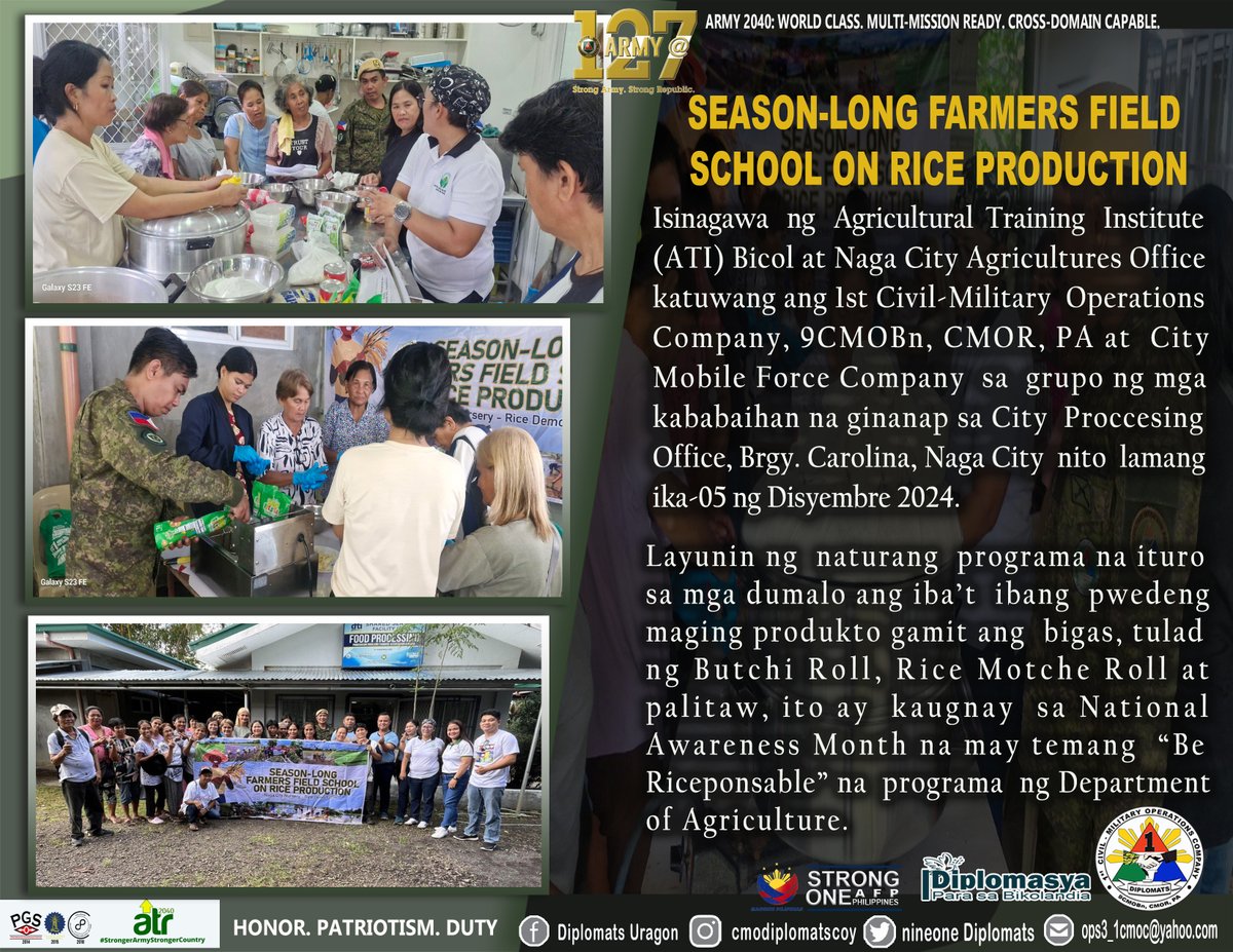 Nine1Diplomats's tweet photo. SEASON-LONG FARMERS FIELD SCHOOL ON RICE PRODUCTION

#AFPyoucanTRUST
#PhilippineArmy
#StrongUnitedReliable
#KaagapayNgMgaBikolano https://t.co/wYAmXeFrXk