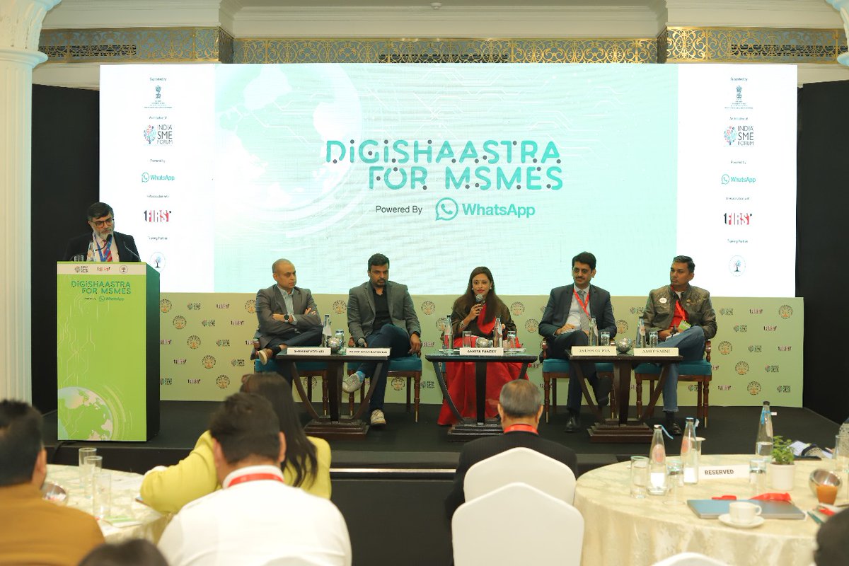SMEForumIndia's tweet photo. "*Bridging the Digital Divide: Practical Pathways for MSMEs to Embrace Technology and Drive Growth*" featured an esteemed lineup of experts:

Moderator: Mr. @VKwuthoo, President, India SME Forum

Special Guest: Smt. Ankita Pandey, Director, @minmsme 

Guest Panelists:
Mr. Rohant Shyam Rammohan, SMB Lead, WhatsApp India

Mr. Shrikant Kothari, Head of IT, @Microsoft

Mr. Amit Saini - Founder, LetsRyde

Mr. Ayush Gupta, Partner - Digital Transformation, @KPMGIndia

The panel shared insights on leveraging technology by MSMEs to boost growth and efficiency, empowering MSMEs to bridge the digital divide and achieve new heights of success!

#MSMEs #DigitalTransformation #TechnologyForGrowth #IndiaSMEForum #Innovation #FutureReady
