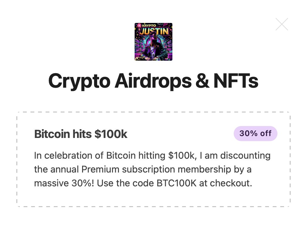 justinhartman's tweet photo. In celebration of #Bitcoin hitting $100k I am offering a 30% discount on my Premium membership fee. Just use BTC100K on checkout or click the link below. You'll get:

🔸All the benefits of the Free account
🔸Exclusive Premium content
🔸Private airdrops
🔸Expert analysis & insights
🔸Access to my Private Telegram and Whatsapp accounts

👉 https://t.co/HKk2kKUEzH - click for access

#BTC100k #KryptoJustin #BlackFriday #altseaon #Altcoins #BTC #Altseason2024 #Altseason2025