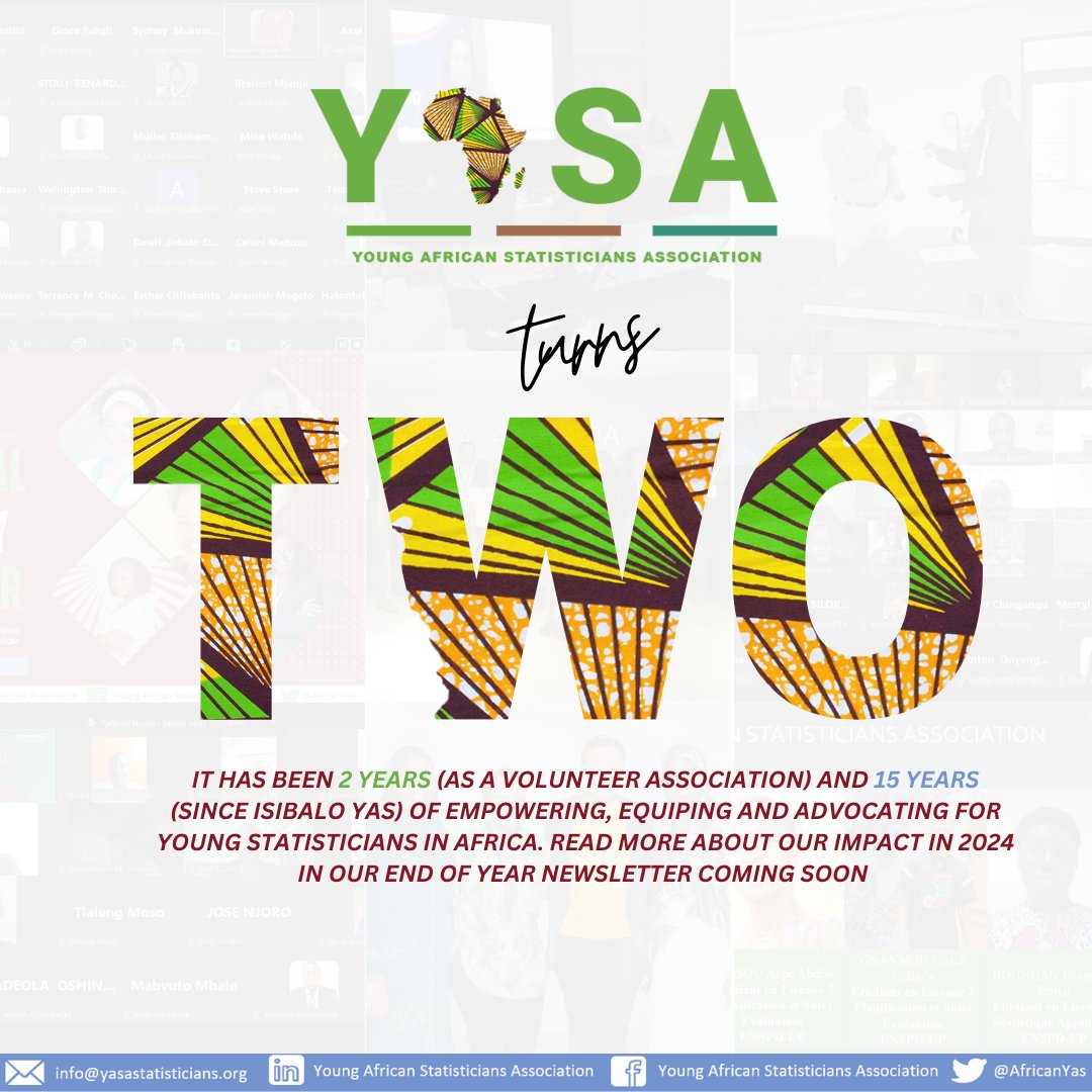AfricanYas's tweet photo. 🎉 Celebrating YASA's Journey and Impact!🎉

Today, we celebrate 2 years as a volunteer association and 15 years since the inception of ISIBALO YAS - empowering, equipping and advocating for young statisticians across Africa.

#YouthEmpowerment #YouthAdvocacy #YASAssociation https://t.co/R2vEy0yUHd