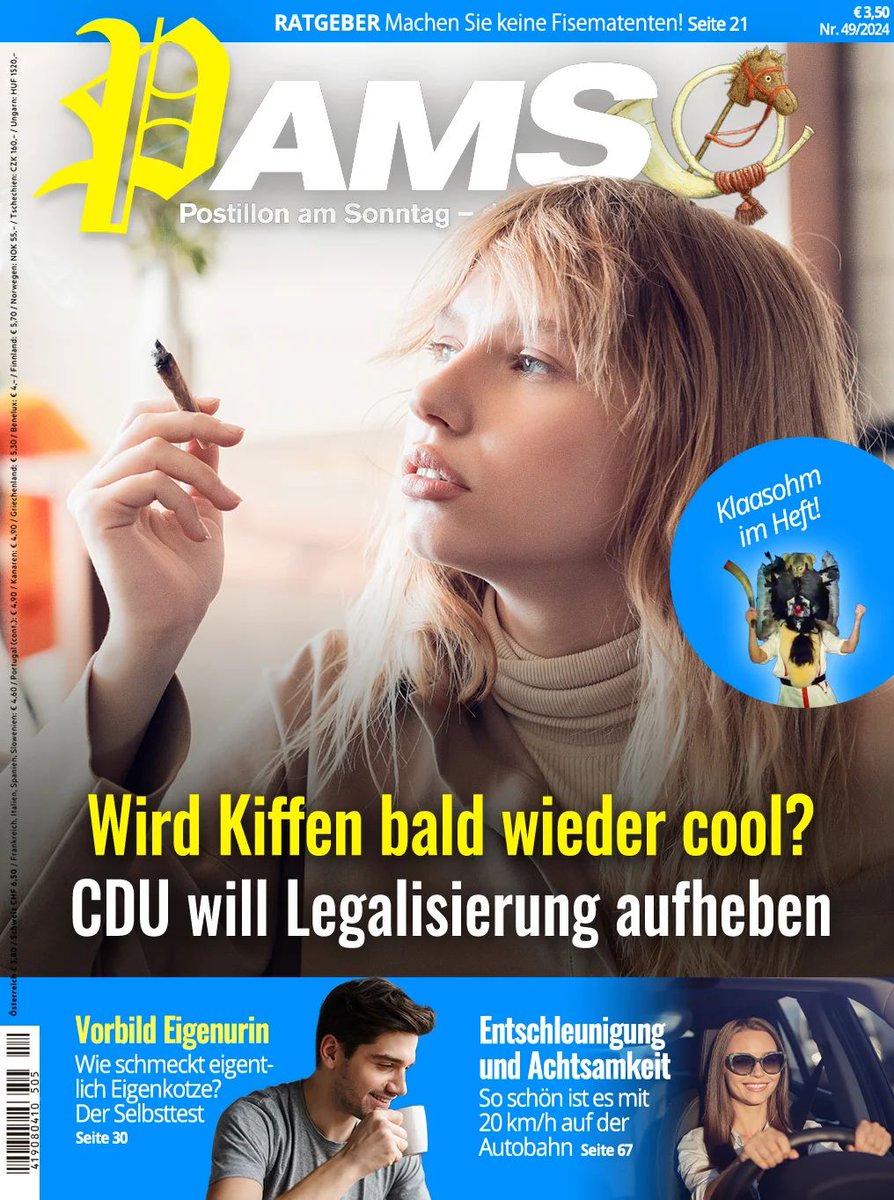 Wird Kiffen bald wieder cool? CDU will Legalisierung aufheben 
#PamS
der-postillon.com/2024/12/PamS-2…