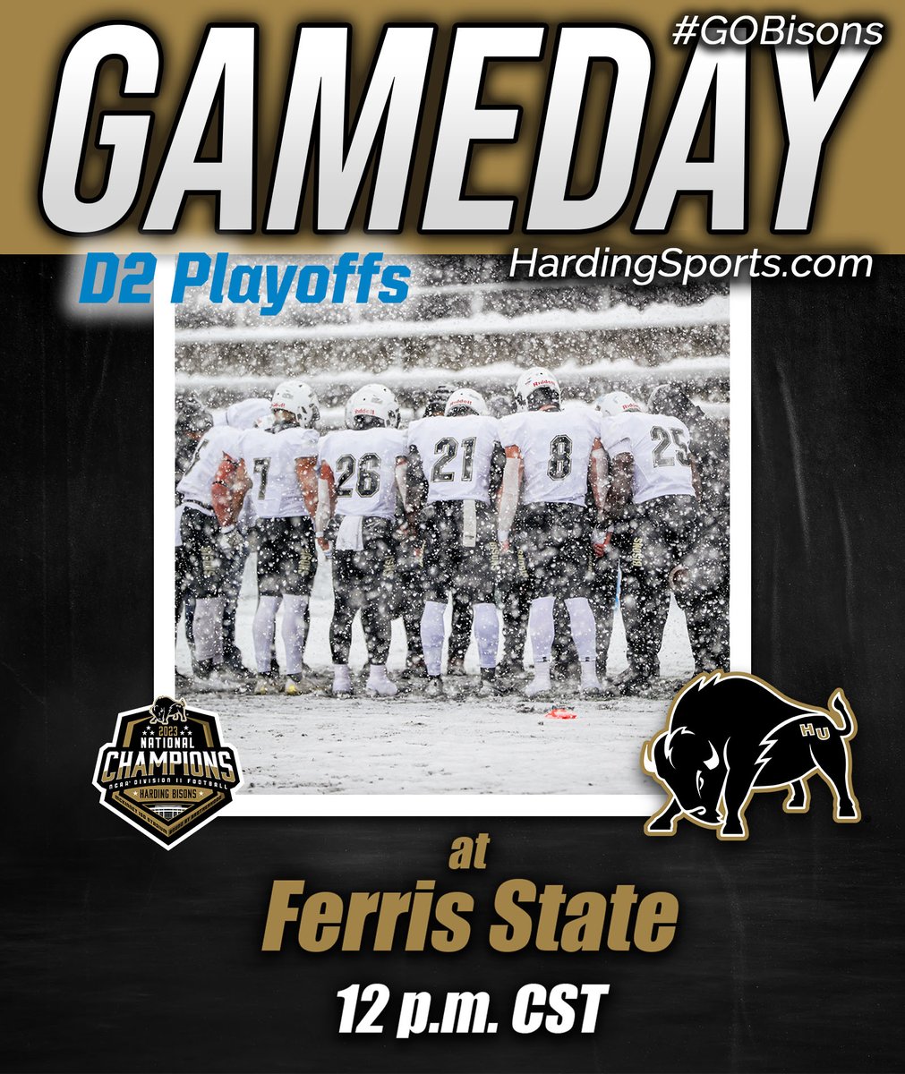 Harding Sports (@hardingsports) on Twitter photo .<a href="/Harding_FB/">Harding Football</a> GAMEDAY! The Bisons take on Ferris State in the quarterfinals of the NCAA D2 Playoffs at 12 p.m., CST. #GOBisons
Stats: ow.ly/2ezz50UmxAI
ESPN+: ow.ly/u3Sj50UmxAG
Radio: KVHU 95.3
Radio Stream: ow.ly/rQIc50UmxAH
Radio App: TuneIn .<a href="/Harding_FB/">Harding Football</a> GAMEDAY! The Bisons take on Ferris State in the quarterfinals of the NCAA D2 Playoffs at 12 p.m., CST. #GOBisons
Stats: ow.ly/2ezz50UmxAI
ESPN+: ow.ly/u3Sj50UmxAG
Radio: KVHU 95.3
Radio Stream: ow.ly/rQIc50UmxAH
Radio App: TuneIn