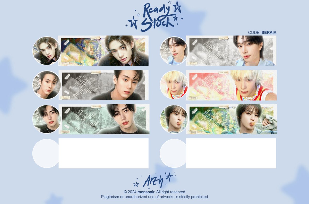 ㅤ

Help Repost, please! 

halo semuanya! kali ini saya bawa Ready Stock terbaru yang bisa di order mulai dari : 

🗓: Minggu, 7 Desember 2024
⏰: 19.30 WIB
🛎: via DM akun @/monspair

Keterangan wajah ada di alt! 
Scroll untuk penjelasan lebih lanjut. 

ㅤ