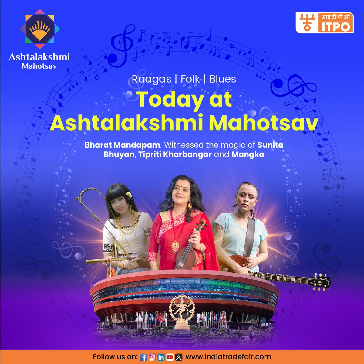 ITPODesk's tweet photo. Raagas, Folk, Blues – A Musical Fusion Like No Other!
Today at the Ashtalakshmi Mahotsav (6 - 8 Dec 2024), #BhararMandapam witnessed the brilliance of Sunita Bhuyan, Tipriti Kharbangar, and Mangka as they weaved the magic through music.

 #AshtalakshmiMahotsav #EasternElements #MusicalFusion #CulturalHeritage
#ThinkBhararMandapam
