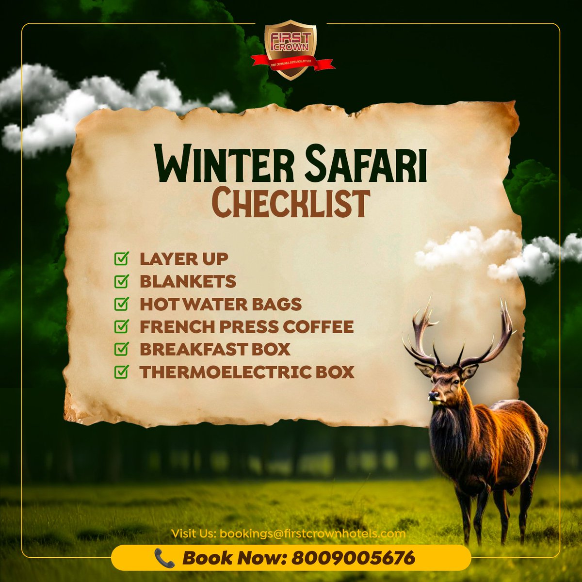 CorbettShekhar's tweet photo. Your Winter Safari Escape Starts Here!
Get ready for an unforgettable adventure with First Crown Resorts &amp; Hotels! 
.
#WinterSafariVibes #LuxuryInTheWild #ResortsAndHotels #NatureEscape #WinterGetawayGoals #SafariAdventures #StayInComfort #WildlifeThrills #TravelWithFirstCrown https://t.co/i9ueMamHgE