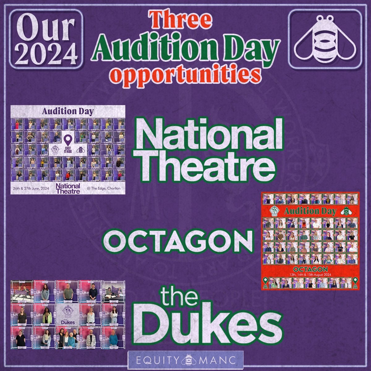 We ran 3 Audition Days this year: for the <a href="/NTLive/">National Theatre Live</a>, the <a href="/OctagonTheatre/">Octagon Theatre</a> in Bolton and <a href="/TheDukesTheatre/">The Dukes Lancaster</a> in Lancaster.
There were over 100 audition spots available in total via the lotteries and we received more than 3 times that number in applications!