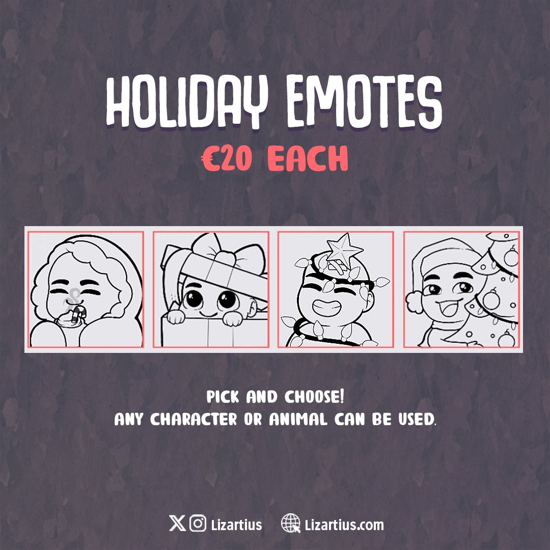 LizArtius's tweet photo. HOLIDAY EMOTE SPECIAL!

Emotes can be done within a week :) 
Send me a DM or add me on discord : lizartius

#emote #emoteart #twitchemote https://t.co/mzIgMq0XzA