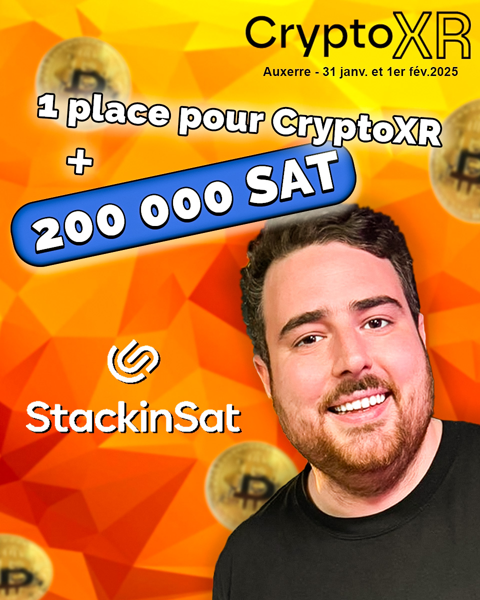 Concours CryptoXR ! 🎉  

Aujourd'hui, c'est @0xBenBTC du <a href="/LeCryptoDaily/">Le Crypto Daily</a>  
et <a href="/StackinSat_FR/">StackinSat_FR</a> qui vous offrent🎁

Une place visiteur pour CryptoXR 2025 
ET
👉200 000 SAT de #BTC 💸 

Pour gagner c'est  super simple :
🚶Follow <a href="/StackinSat_FR/">StackinSat_FR</a> et le <a href="/LeCryptoDaily/">Le Crypto Daily</a>
🧡Un petit Like et