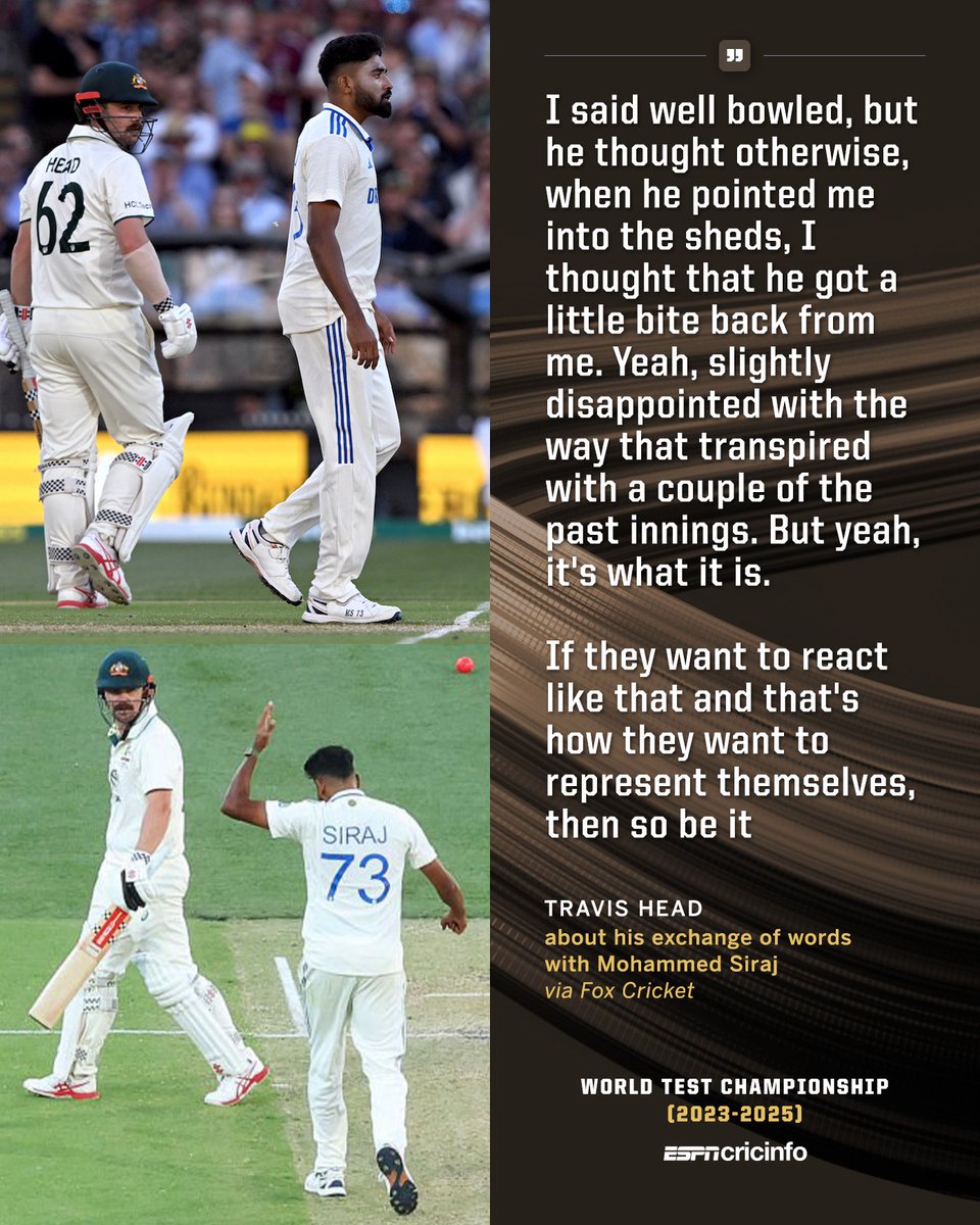 cricinfo's tweet photo. Travis Head spoke of what transpired between him and Mohammed Siraj 🗣️

#AUSvIND https://t.co/4D1zNDV8ab