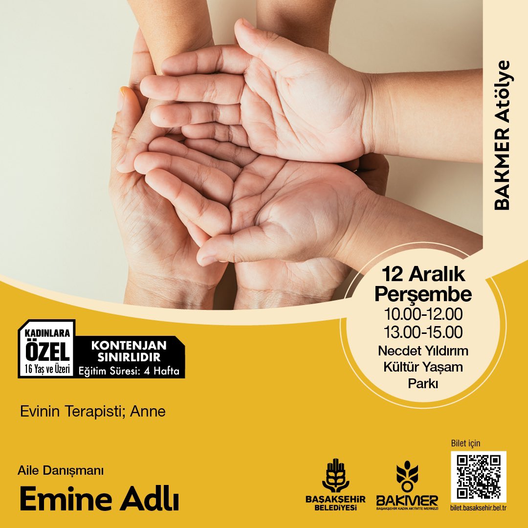 kultursanatbsk's tweet photo. Evinin Terapisti AnneAtölyesi annelere rehberlik ederek aile içi ilişkileri güçlendirme, bireysel farkındalığı artırma ve daha bilinçli bir ebeveynlik anlayışı kazandırma amacı taşır

📆 12 Aralık Perşembe 

⏰️ 10.00 - 12.00 / 13.00 - 15.00

📍Necdet Yıldırım Kültür Yaşam Parkı https://t.co/uiI7DLaHvy