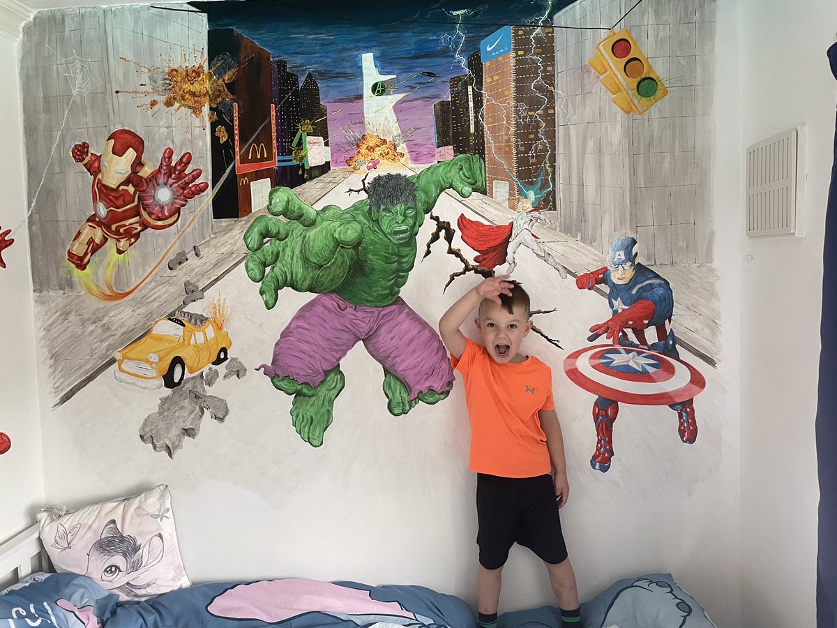 joej39's tweet photo. @AstroBackyard Hi Trevor I love drawing and painting. I’ve done the hallway walls in Disney theme and just finished my grandson’s room in Marvel theme, I’m no professional but actually surprised my own standards https://t.co/4IwE61exVO