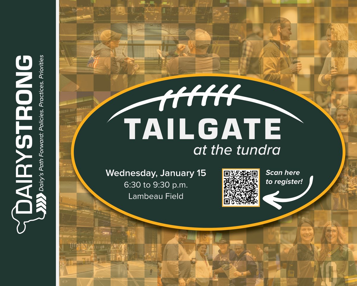 Help us kick off Dairy Strong with our “Tailgate at the Tundra”! This iconic stadium is a must-see in Green Bay, and the perfect place to kick off Dairy Strong!  Enjoy the evening connecting with fellow farmers and friends.  Scan to register or click here: bit.ly/3CGk8TL