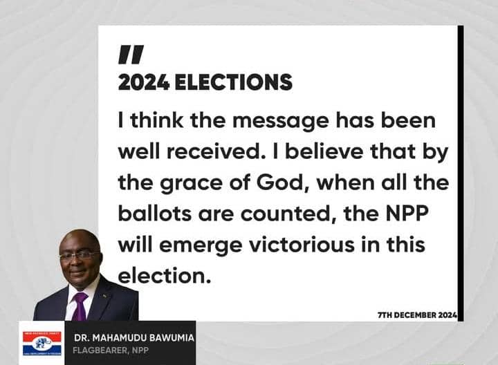 LightTvGh's tweet photo. Election 2024: I think the message has been well received. I believe that by the grace of God, when all the ballots are counted, the NPP will emerge victorious in this election - Dr. Bawumia.

#Election2024  #PeacefulElections #ElectionHQ https://t.co/Fd0VLbCwPS