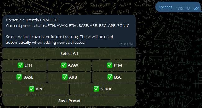 Multichain TX Tracker now supports SONIC chain, you can activate auto selection by using /preset command as shown in pic.