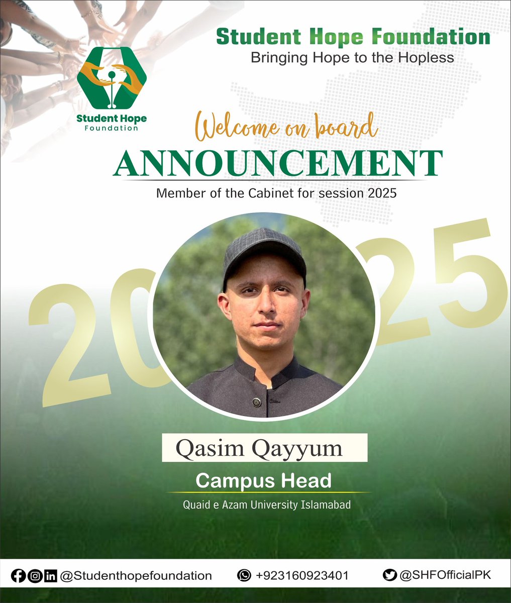 SHFOfficialPK's tweet photo. Congratulations, Qasim Qayyum ! We are thrilled to announce Qasim Qayyum as the Campus Head for Quaid-i-Azam University .Wishing him all the best for a successful journey ahead!
#SHF #StudentHopeFoundation https://t.co/R33MjI5Vlh