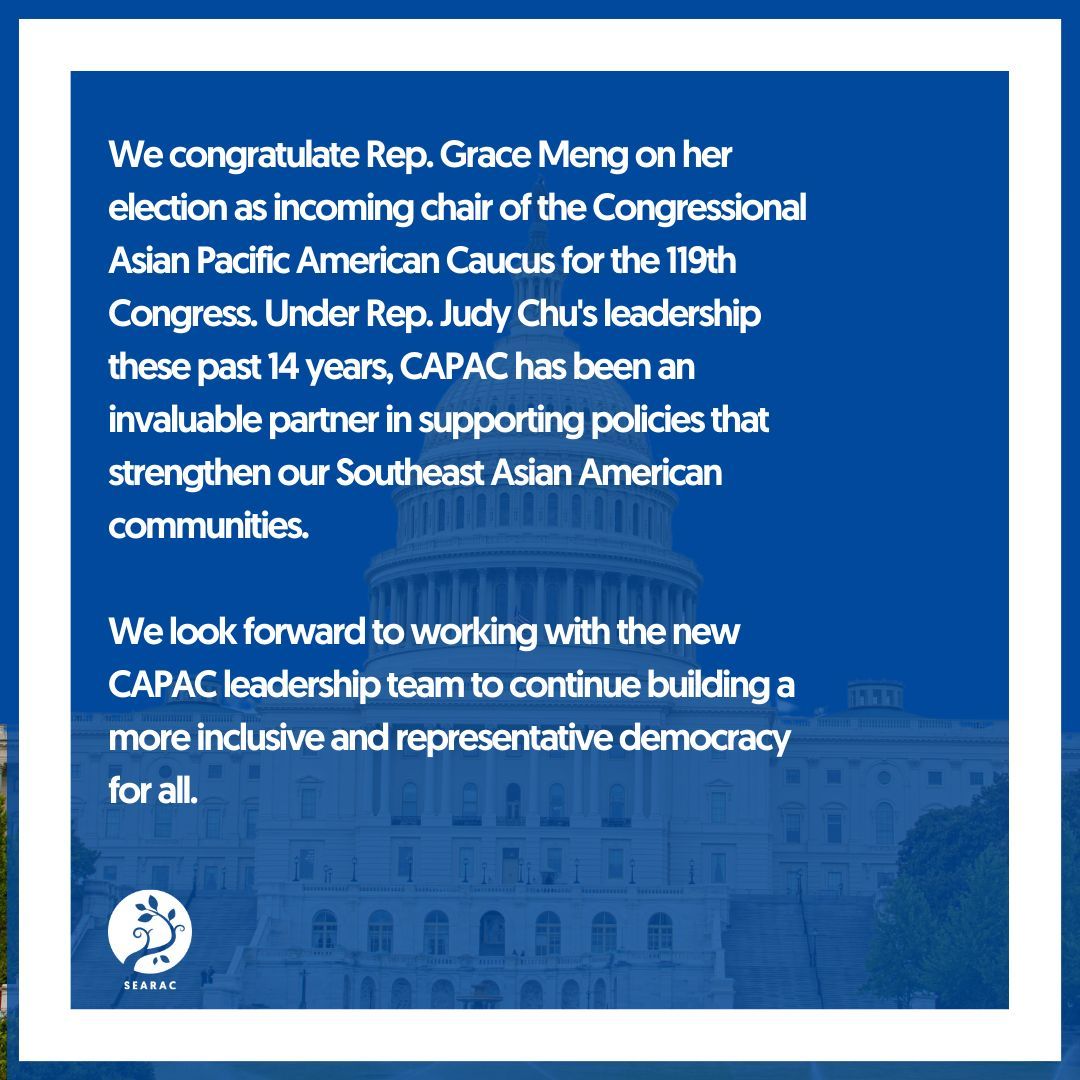We congratulate Rep. Grace Meng on her election as incoming chair of the Congressional Asian Pacific American Caucus for the 119th Congress. We look forward to working with the new CAPAC leadership team to continue building a more inclusive and representative democracy for all.