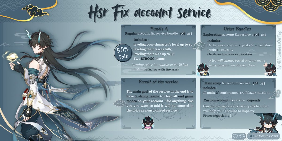 NamelessOnTop's tweet photo. [RTS ARE APPRECIATED ]

REMINDER There’s a 50% sale going on all HSR  Services included the new Fix account service &amp; it’s bundles
Which has LIMITED SLOTS each month 

DM now to avail or fill the google form before you miss your chance ! ^^

#hsr #hsrpilot #honkaistarail #hsrtwt https://t.co/mZcLYUy479