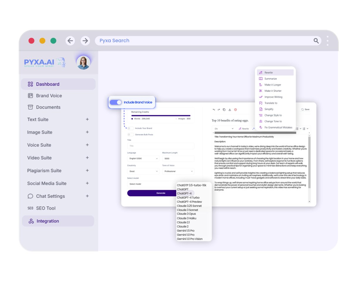 PyxaAi's tweet photo. With https://t.co/beJypGTy14’s Intelligent AI Content Writer, craft text effortlessly &amp; pair it with Voiceover, AI Avatars, &amp; more! From blogs to videos, create everything you need in one platform. Goodbye multiple subscriptions—https://t.co/beJypGTy14 has it all! #contentcreator https://t.co/VtfNkOVipS