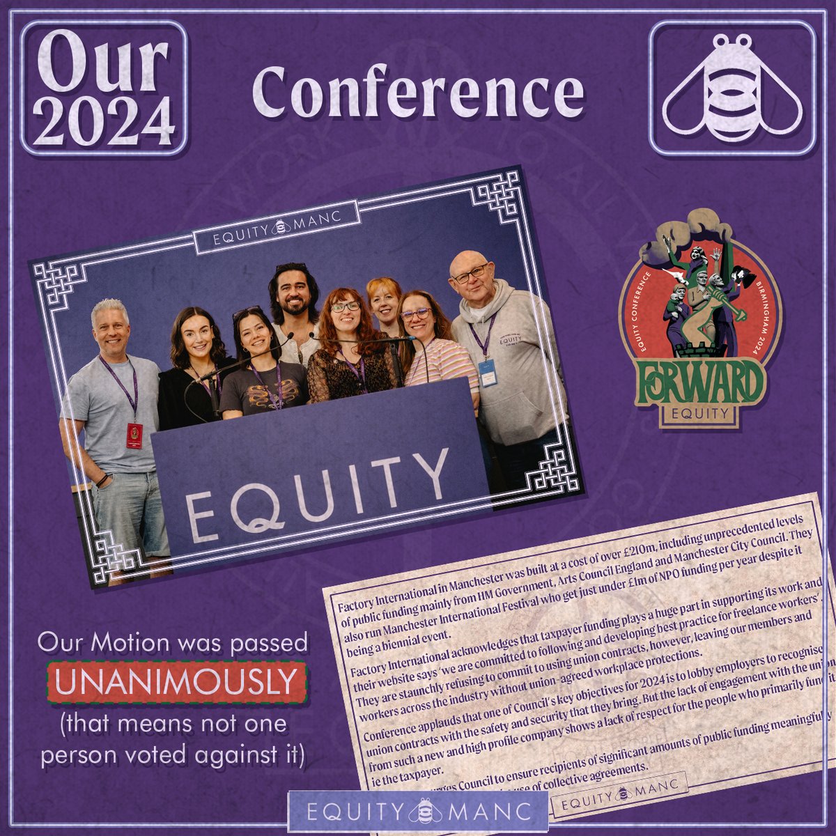 Our Motion that went to Conference in May was passed unanimously.
The Motion asked for <a href="/EquityUK/">Equity</a> to ensure that companies in receipt of public funding meaningfully engage with the union on the use of collective agreements.
