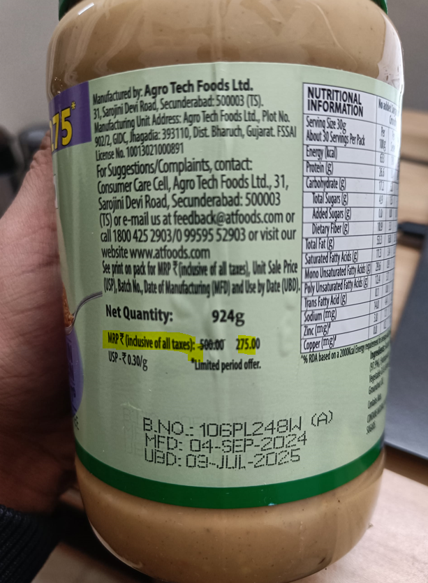 ankkuls's tweet photo. @AmazonHelp @amazonIN ordered peanut butter and you charged me 300 INR, 25 rupees more than the MRP (275 INR). You must be aware that selling any product at a price more than MRP is illegal in India.

Please provide the clarification. https://t.co/SFyWqrRWXs